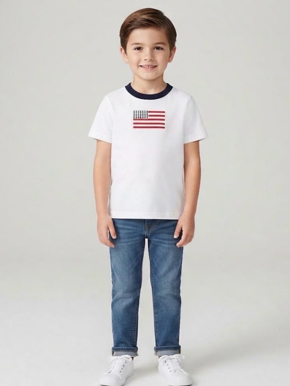 Janie and Jack White Tee with Navy Ringer and Red/Navy Flag